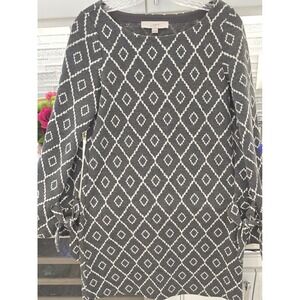 LOFT Gray And White Diamond Print Shift Dress With Tie Cuffs Long Sleeves XS‎